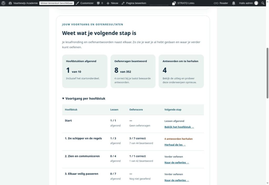 Voorbeeld van je persoonlijke cursusvoortgang met oefenscores en herhaalacties
